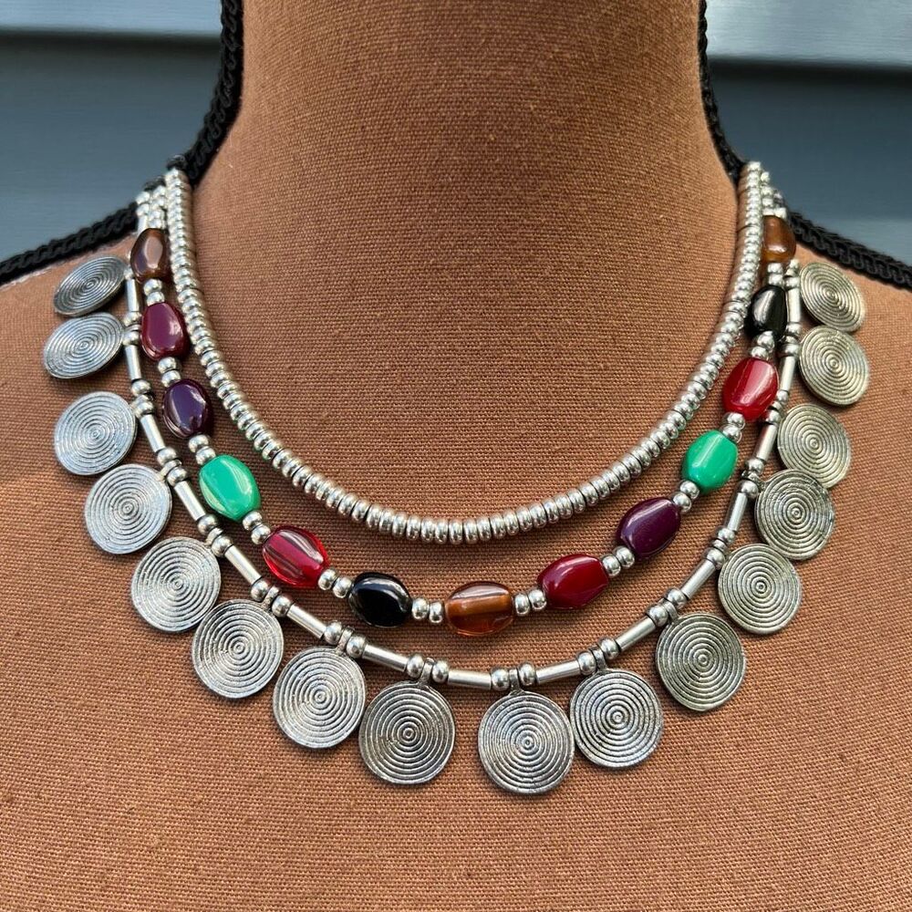 Multi Color Triple Stranded Beaded Necklace Swirled Pendants Loop & Bead Closure